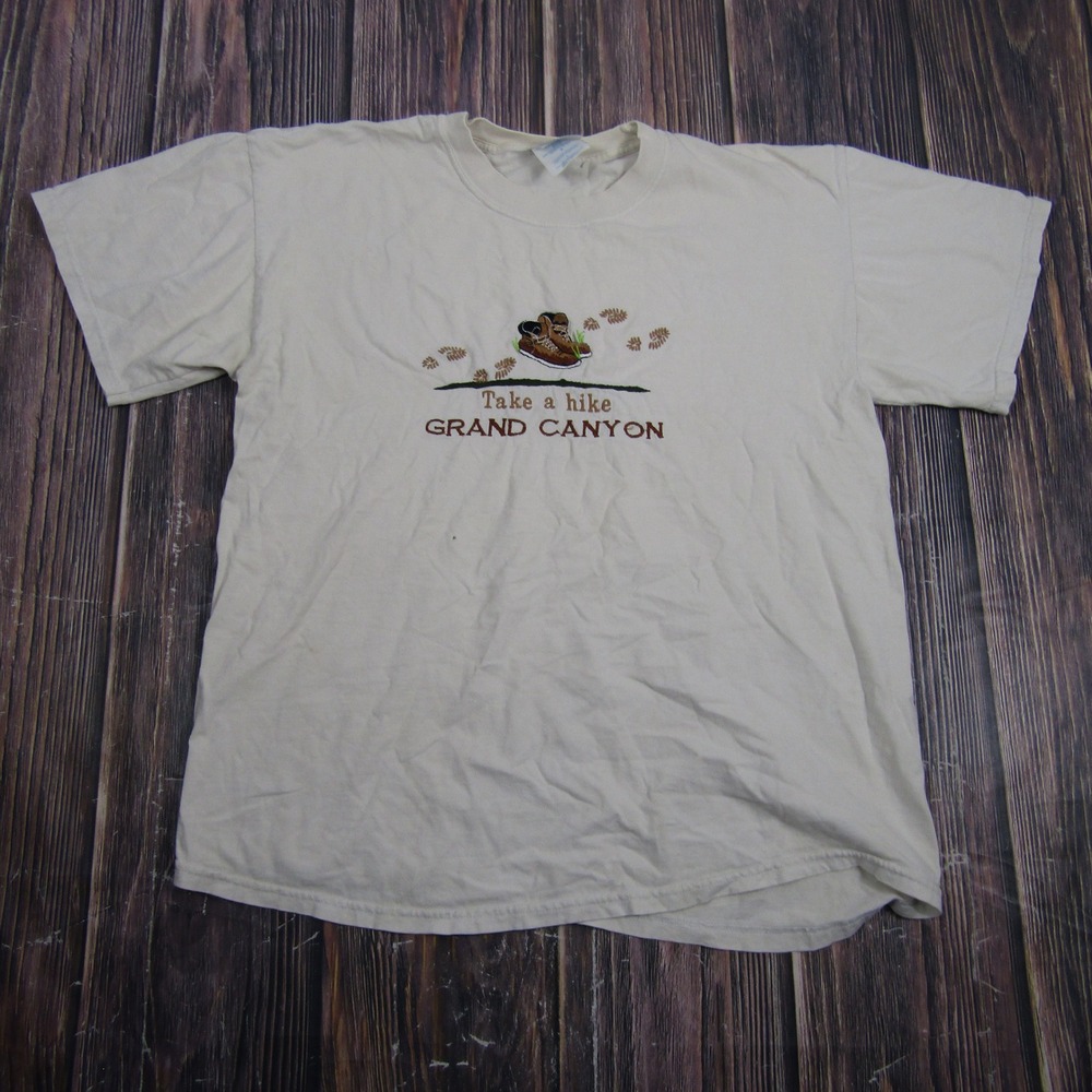 M&O Knits T-Shirt Mens L Cream Grand Canyon Take A Hike Embroidered Cotton Tee